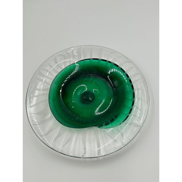 Green Art Glass Decorative Plate Dish Hand Made & Etched Clear Green Swirled - Picture 2 of 10
